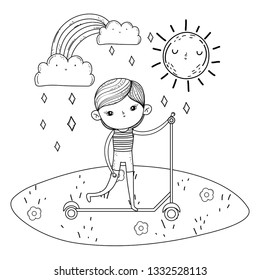 cute little boy mounted in skateboard in the landscape