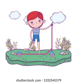 cute little boy mounted in skateboard in the landscape