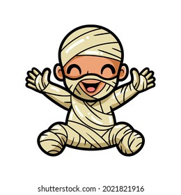 Cute little boy mummy cartoon raising hands