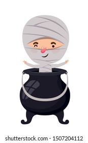 cute little boy with mummy costume in cauldron