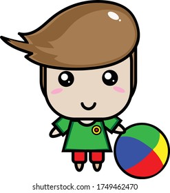Cute little boy next to a multi-colored ball. Vector illustration.