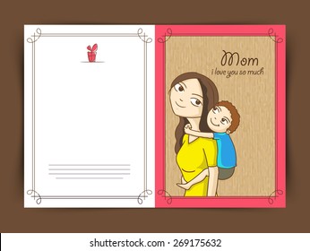 Cute little boy on his mom's back, Elegant greeting card design for Happy Mother's Day celebration.