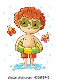 A cute little boy on the sea. Boy standing in a swimsuit with a rubber ring and around fly the multicolored butterflies. Vector illustration of a summer theme.