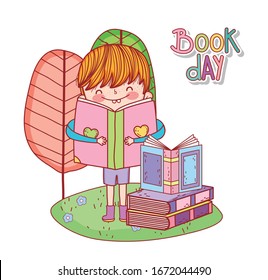 cute little boy with open book in stacked books grass tree vector illustration