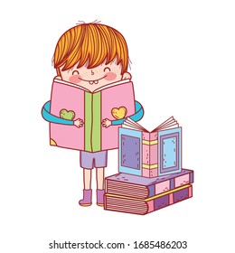 cute little boy with open book in stacked books isolated design vector illustration
