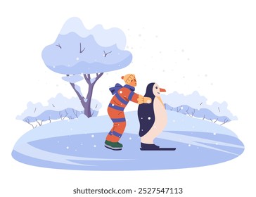 Lindo niño pequeño en outwear patinaje sobre hielo con pingüino en la pista de hielo al aire libre Ilustración vectorial plana aislada en blanco.