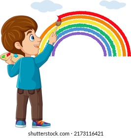 Cute kleine Junge Malerei und Zeichnen Regenbogen auf der Wand