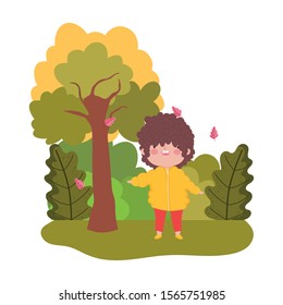 cute little boy in the park tree leaves fall season vector illustration