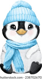 Cute little boy penguin sitting with blue winter hat and scarf watercolor isolated on white image of baby penguin