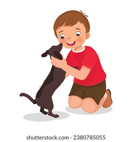 Cute little boy pet lover hugging and playing his dog