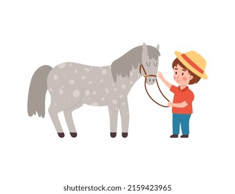 Cute Little Boy Petting Horse, Child Jockey Concept, Flat Vector Illustration Isolated On White Background. Cheerful Cartoon Character Taking Care Of Pony.