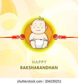 Cute little boy picture decorated rakhi on shiny yellow background for Happy Raksha Bandhan celebrations. 