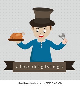 Cute little boy in pilgrim hat ready to eat cooked chicken on vintage grey background for Happy Thanksgiving Day celebrations. 