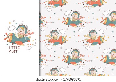 Caricatura de niño pequeño piloto. Plantilla de impresión de tarjetas para niños y patrón de fondo sin problemas. Ilustración vectorial de diseño de superficie dibujada a mano.
