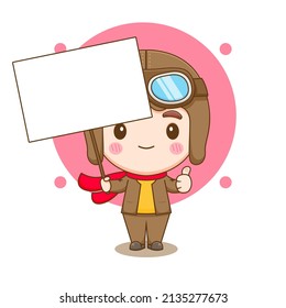 Cute little boy in pilot costume with empty board cartoon illustration