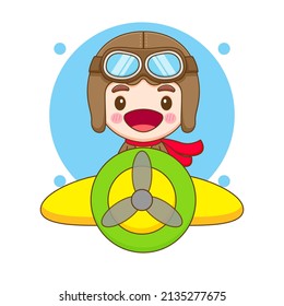 Cute little boy in pilot costume cartoon illustration