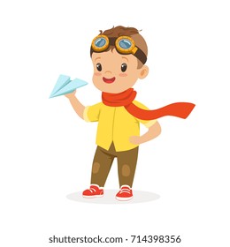 Cute little boy in pilot glasses playing with paper airplane vector Illustration