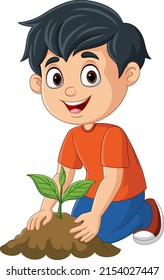 Pequeño niño lindo plantando una planta