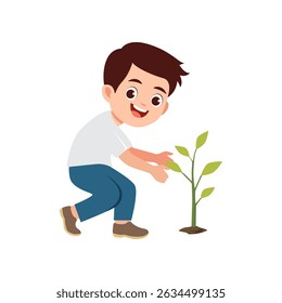 Cute little boy planting tree seedlings, world environment day vector illustration