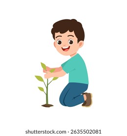 Cute little boy planting tree seedlings, world environment day vector illustration