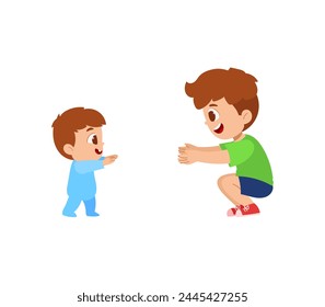 cute little boy play with baby sibling together and learn to walk. friendship.  makes his first steps. Vector cartoon illustration of a baby learning to walk.
