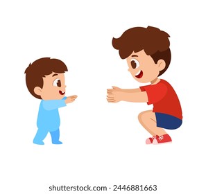 cute little boy play with baby sibling together and learn to walk. friendship. makes his first steps. Vector cartoon illustration of a baby learning to walk.
