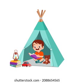 cute little boy play inside small tent