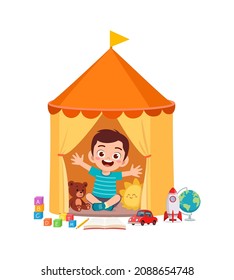 Cute Little Boy Play Inside Small Tent