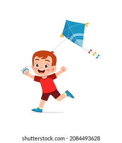 cute little boy play kite outside and feel happy