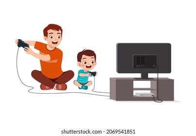 cute little boy play video game on big screen