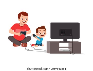 cute little boy play video game on big screen