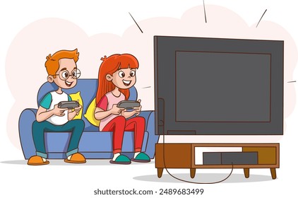 cute little boy play video game on big screen