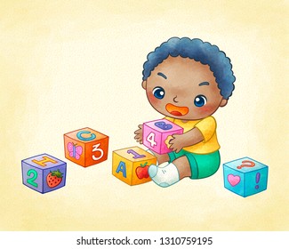 Cute little boy playing building blocks in line art