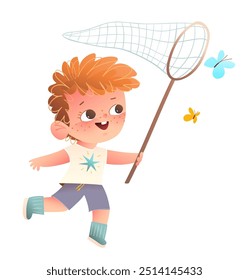 Lindo niño jugando con la red de mariposas, atrapando mariposas. Juegos infantiles y ocio en la naturaleza de verano, Pequeño niño jugando. Ilustración gráfica de Vector para niños. dibujos animados para niños.