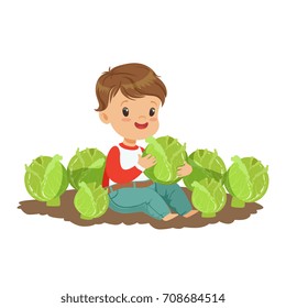 Cute little boy playing with cabbage in the garden, kids healthy food concept colorful vector Illustration