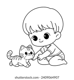 Cute Little Boy Playing With Cute Cat, Drawing Coloring Book Page