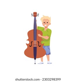 Pequeño niño lindo jugando a violoncelo, ilustración vectorial plana aislada en fondo blanco. Niño aprendiendo a tocar violín. Escuela de música para niños.