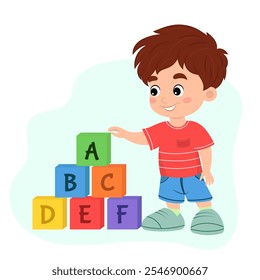 Cute little boy playing with colorful cubes with letters of the alphabet, preschool learning, cartoon style, educational games