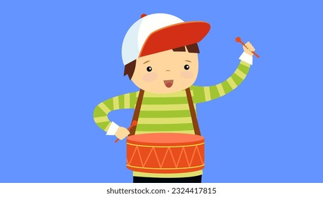 Un niñito lindo tocando el tambor. Ilustración vectorial al estilo de las caricaturas.
