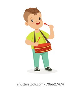 Cute little boy playing drum, young musician with toy musical instrument, musical education for kids cartoon vector Illustration