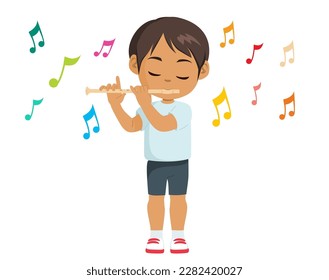 Cute little boy playing flute. Kid learning how to use intrument