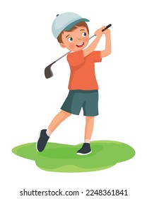 cute little boy playing golf hitting ball with golf club