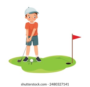 Cute little boy playing golf ready to hit ball aiming at the hole