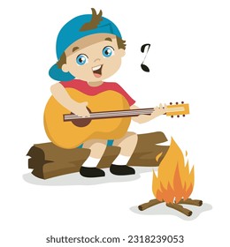 un lindo niñito tocando la guitarra en el campamento de verano sobre fondo blanco para los niños trabajos de moda, libros infantiles, invitaciones de cumpleaños, tarjetas de felicitación, afiches. Actividad veraniega. Archivo vector.