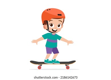 Cute little boy playing with helmet  skateboards vector illustration