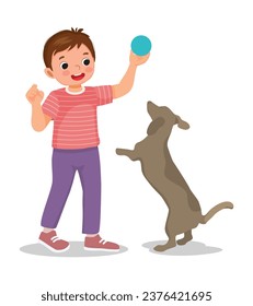 Cute little boy playing with his pet dog