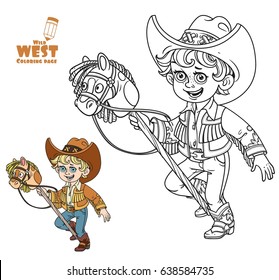 Cute little boy playing with a horse on a stick coloring page on a white background