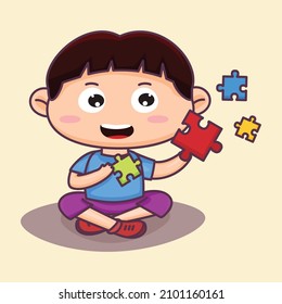 Cute little boy playing jigsaw puzzle. Sit playing. holding a colorful puzzle. Cartoon vector illustration
