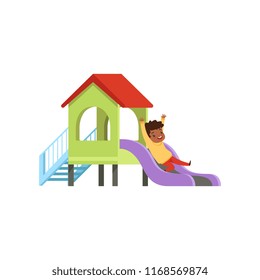Cute little boy playing on a slide, kid having fun on playground vector Illustration on a white background