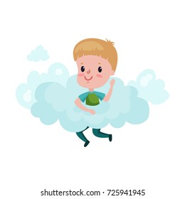 Cute little boy playing on a cloud, kid fantasizes and dreams cartoon vector Illustration